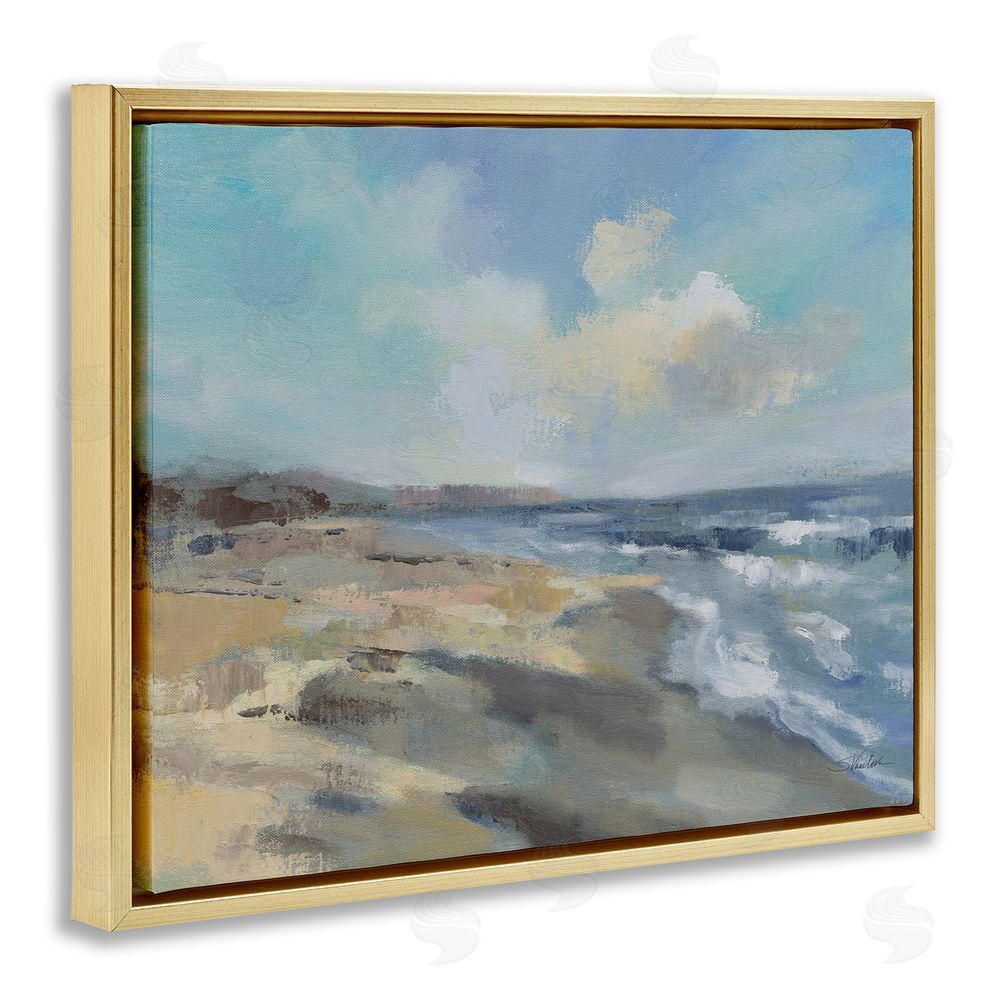 Silvia Vassileva Serene Morning Beach Waves Gold Floating Framed Canvas Wall Art Print