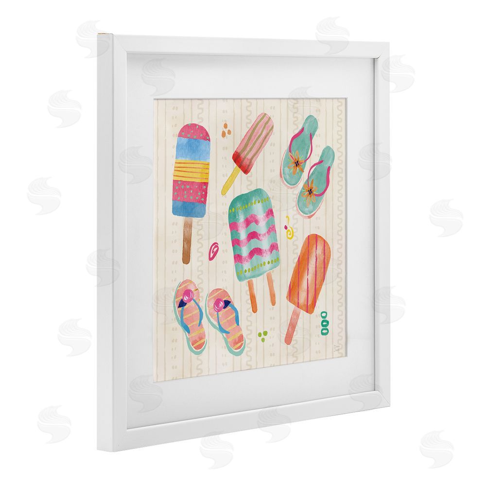 Dina June Summer Popsicles & Sandals White Framed Print Under Glass with White Mat Wall Art