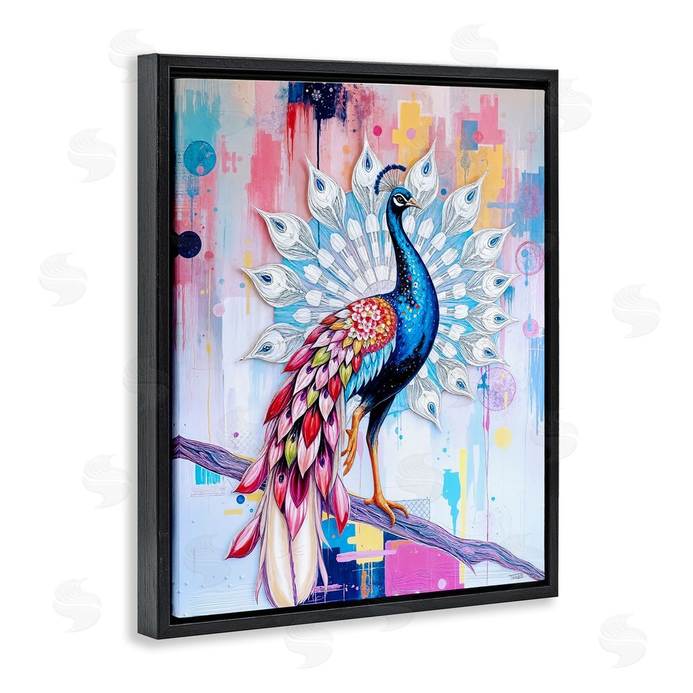 Tabz Jones Radiant Peacock on Branch Black Floating Frame Canvas Wall Art Print