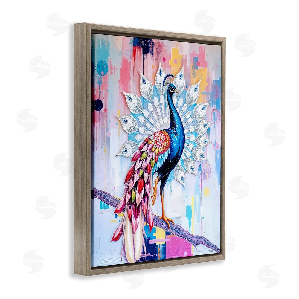 Tabz Jones Radiant Peacock on Branch Brown Floating Frame Canvas Wall Art Print