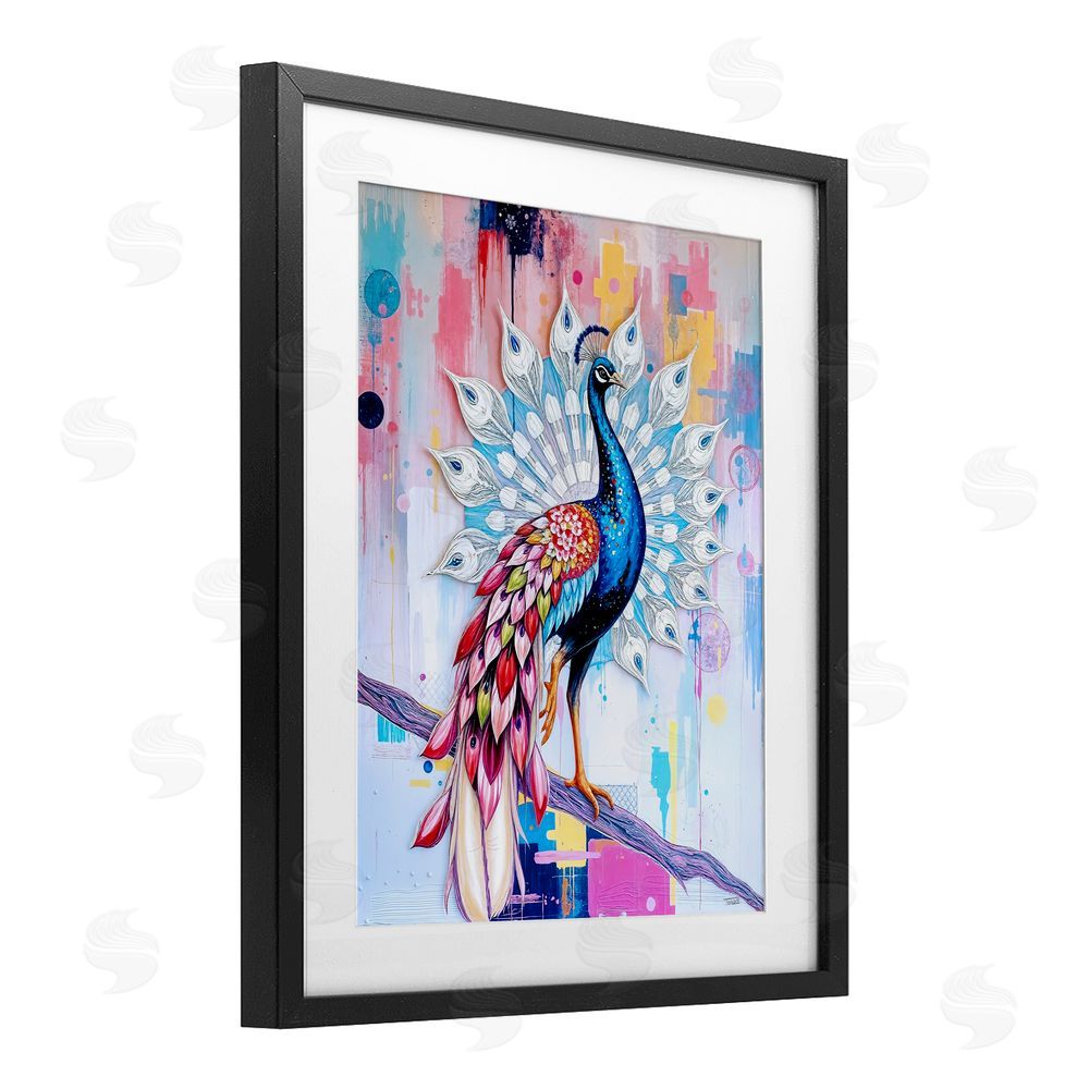 Tabz Jones Radiant Peacock on Branch Black Framed Print Under Glass Wall Art