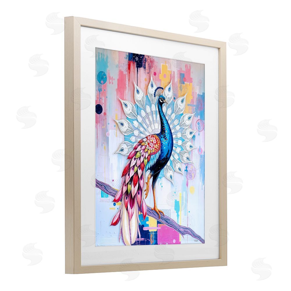 Tabz Jones Radiant Peacock on Branch Brown Framed Print Under Glass Wall Art