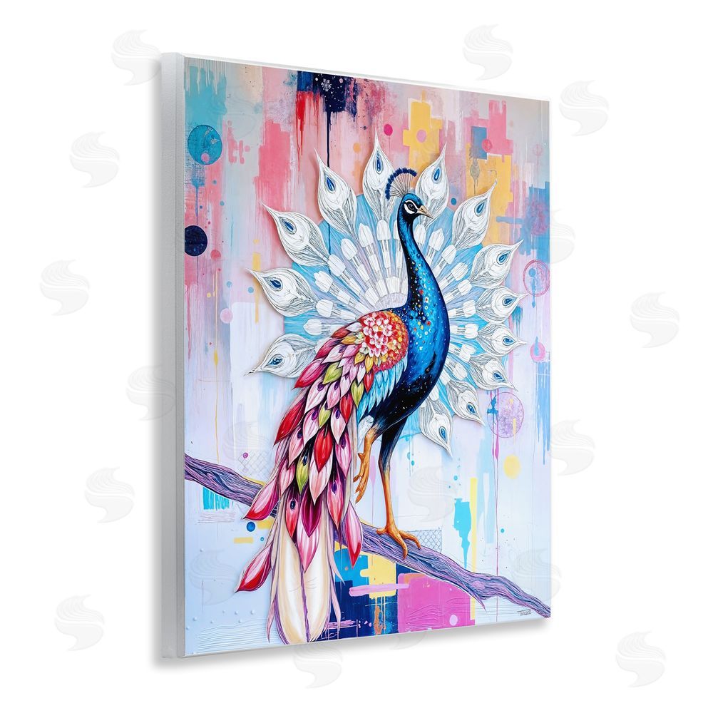 Tabz Jones Radiant Peacock on Branch Wooden Wall Plaque Art Print