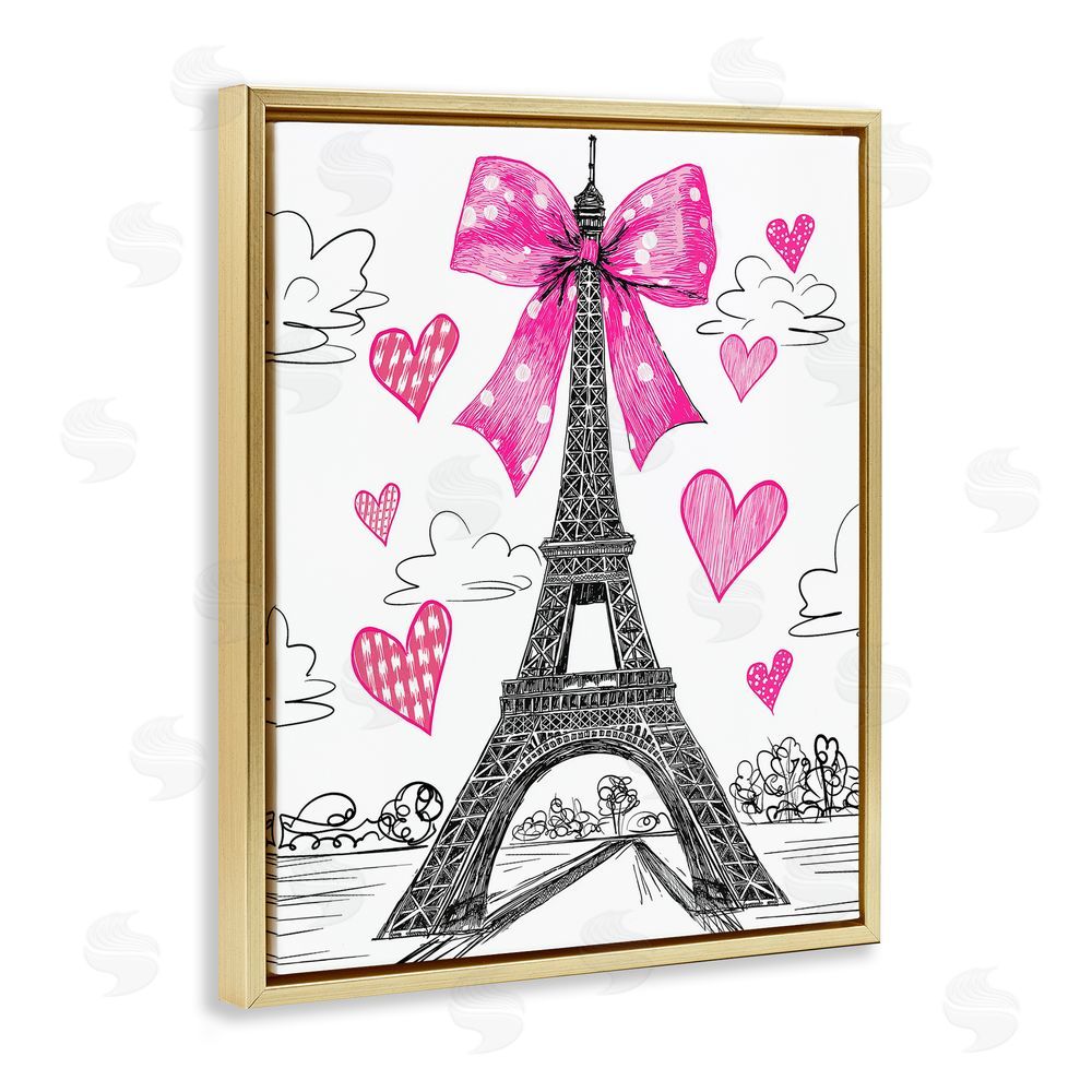 Jess Stempel Heart Patterned Eiffel Tower Gold Floating Frame Canvas Wall Art Print