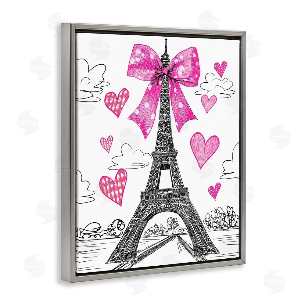 Jess Stempel Heart Patterned Eiffel Tower Gray Floating Frame Canvas Wall Art Print