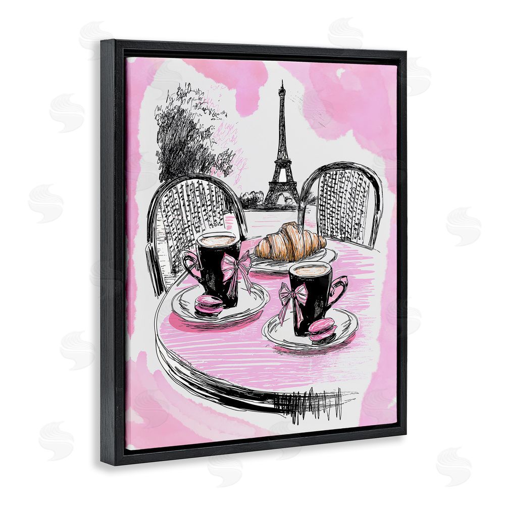 Jess Stempel Pink Parisian Cafe Breakfast Black Floating Frame Canvas Wall Art Print