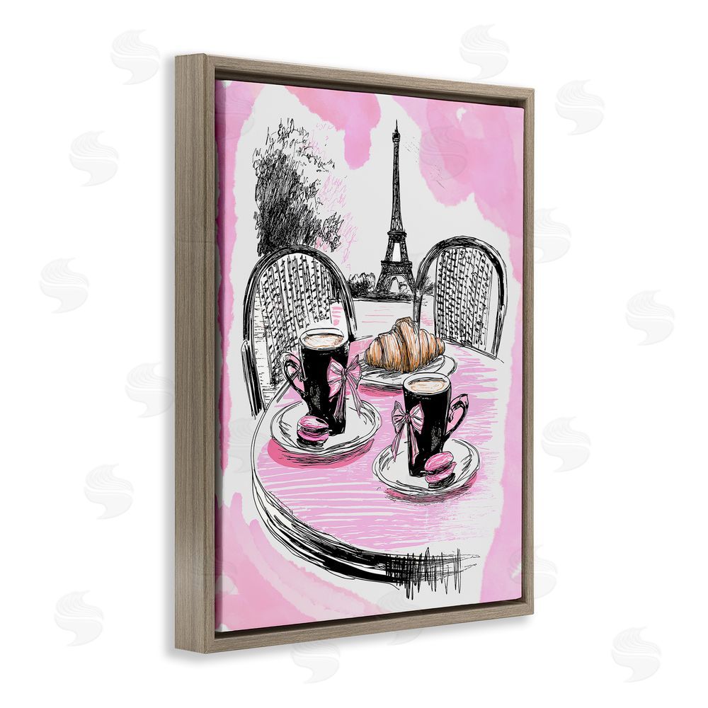 Jess Stempel Pink Parisian Cafe Breakfast Brown Floating Frame Canvas Wall Art Print