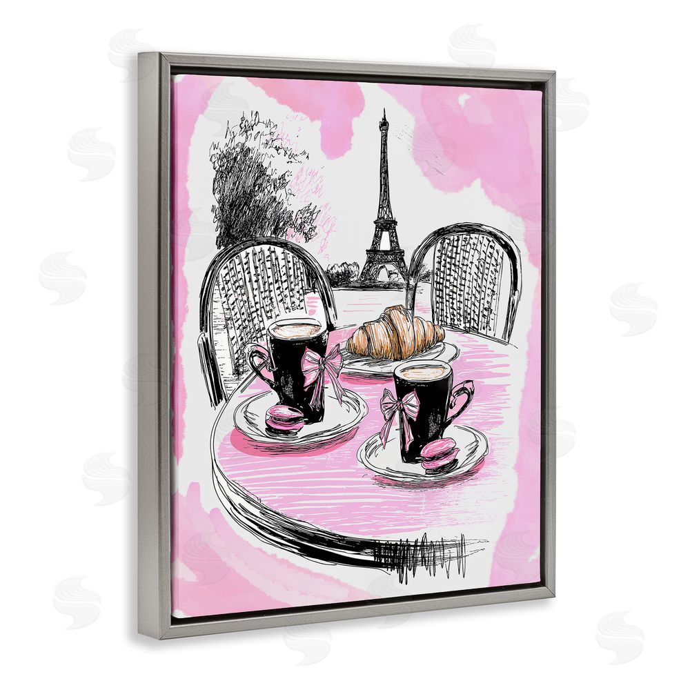 Jess Stempel Pink Parisian Cafe Breakfast Gray Floating Frame Canvas Wall Art Print
