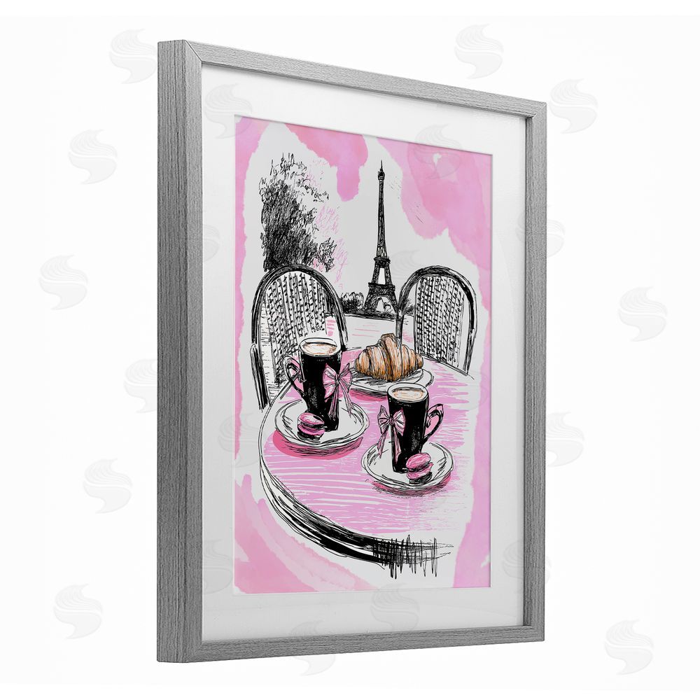 Jess Stempel Pink Parisian Cafe Breakfast Gray Framed Print Under Glass Wall Art