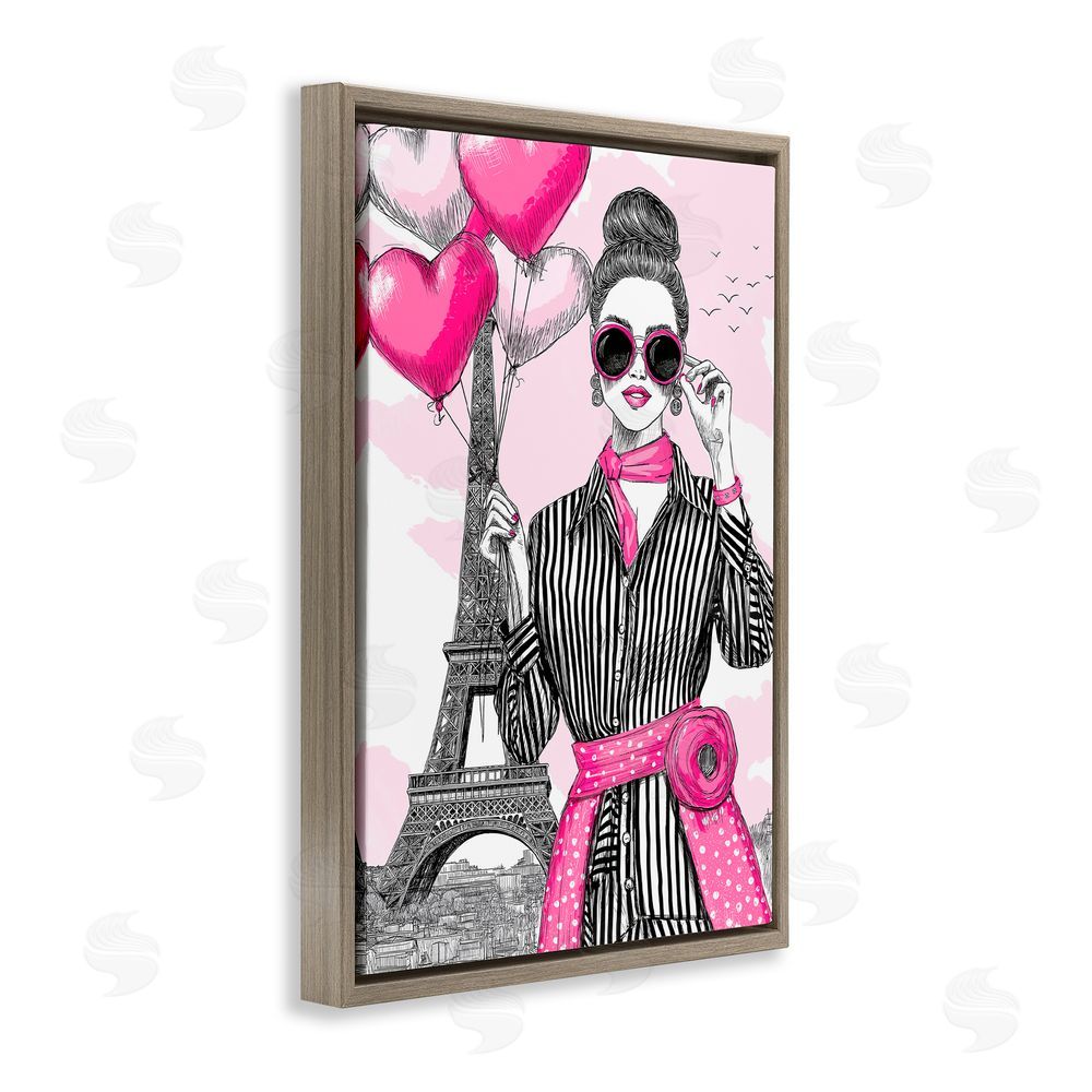 Jess Stempel Parisian Chic Woman with Balloons Brown Floating Frame Canvas Wall Art Print