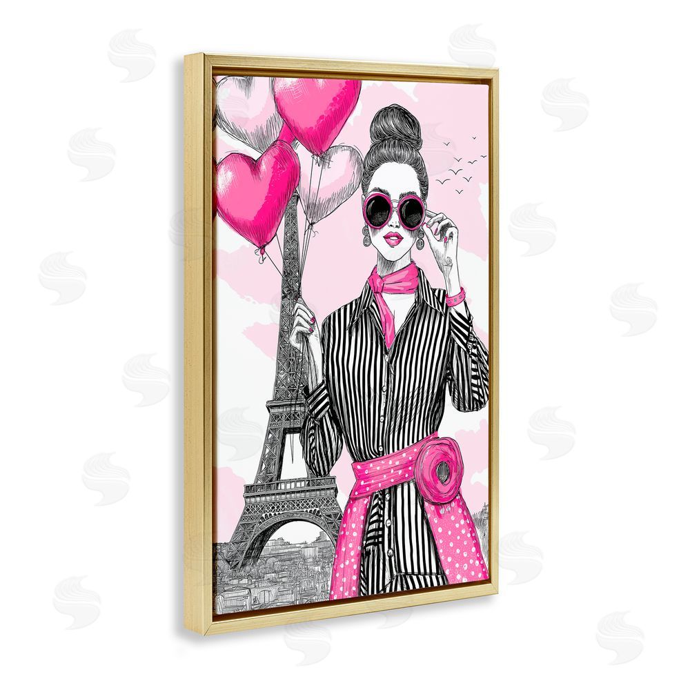Jess Stempel Parisian Chic Woman with Balloons Gold Floating Frame Canvas Wall Art Print