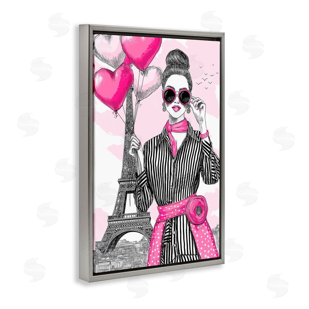 Jess Stempel Parisian Chic Woman with Balloons Gray Floating Frame Canvas Wall Art Print
