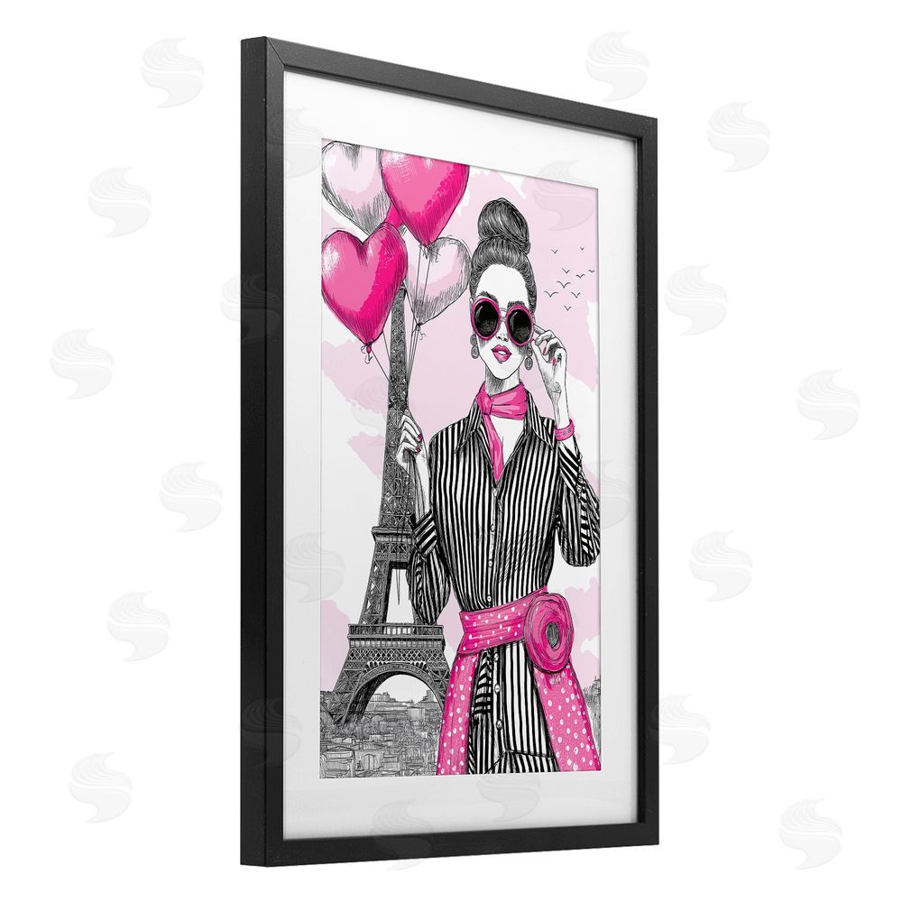 Jess Stempel Parisian Chic Woman with Balloons Black Framed Print Under Glass Wall Art