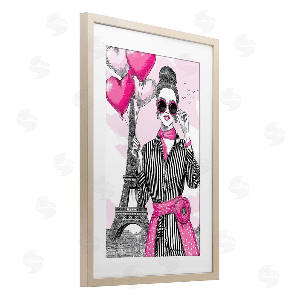 Jess Stempel Parisian Chic Woman with Balloons Brown Framed Print Under Glass Wall Art