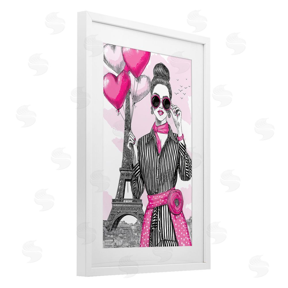 Jess Stempel Parisian Chic Woman with Balloons White Framed Print Under Glass Wall Art