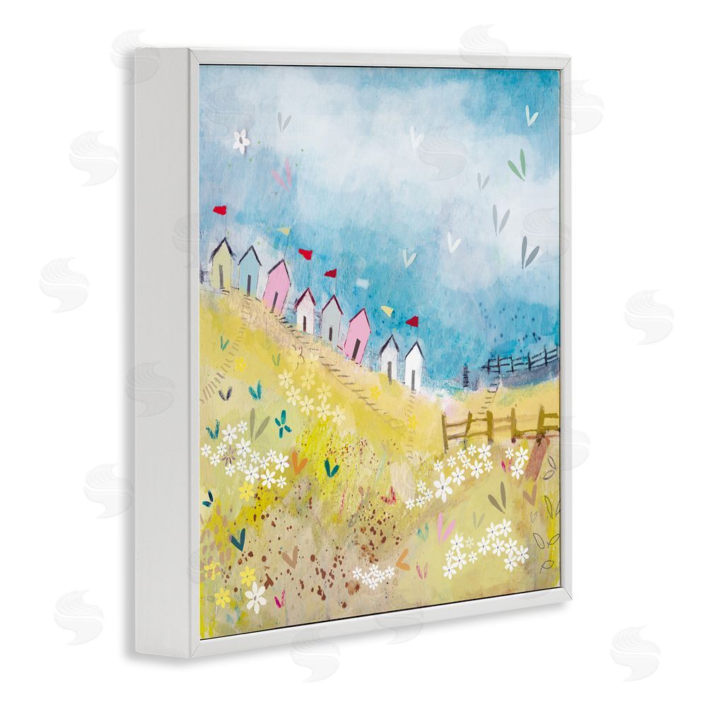 Clare Tupper Beach Huts on Hillside White Framed Giclee Wall Art Print