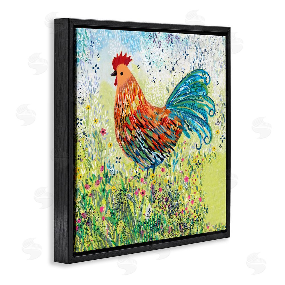 Clare Tupper Cockerel Rooster in Colorful Garden Black Floating Frame Canvas Wall Art Print