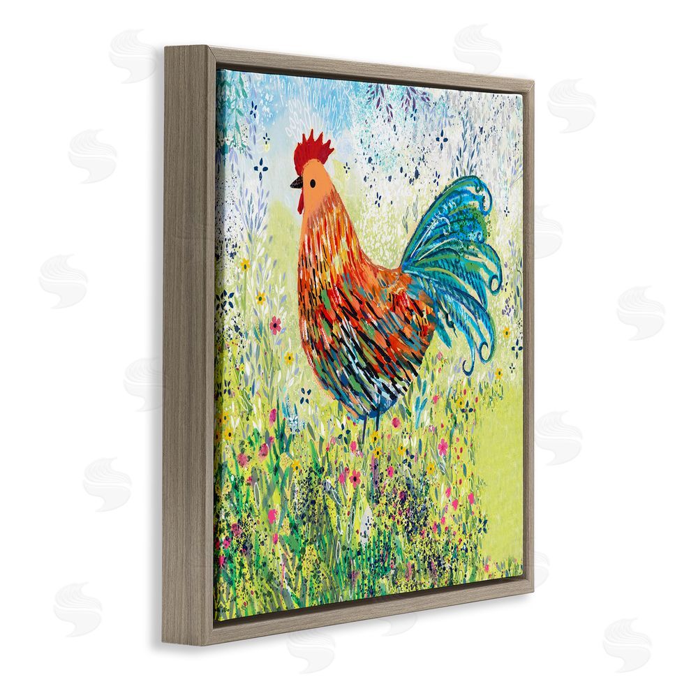 Clare Tupper Cockerel Rooster in Colorful Garden Brown Floating Frame Canvas Wall Art Print