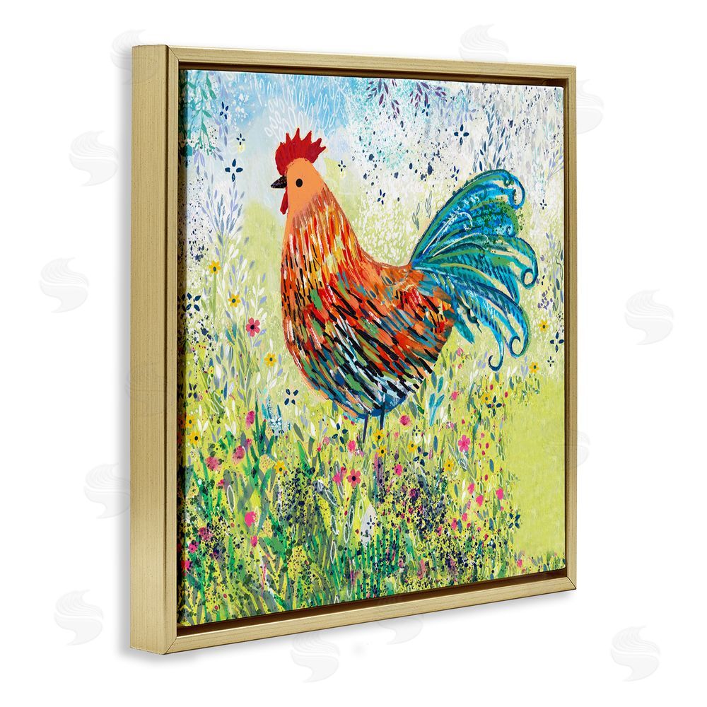 Clare Tupper Cockerel Rooster in Colorful Garden Gold Floating Frame Canvas Wall Art Print