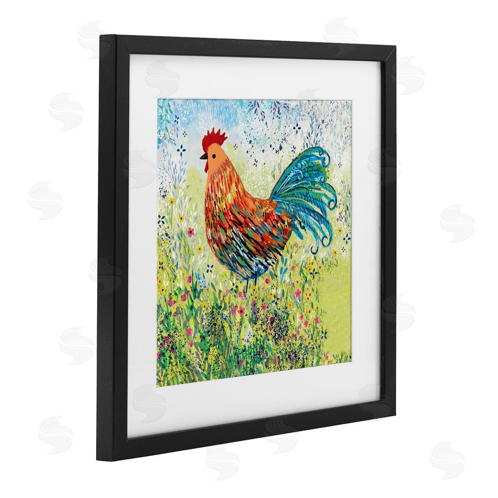 Clare Tupper Cockerel Rooster in Colorful Garden Black Framed Print Under Glass with White Mat Wall Art