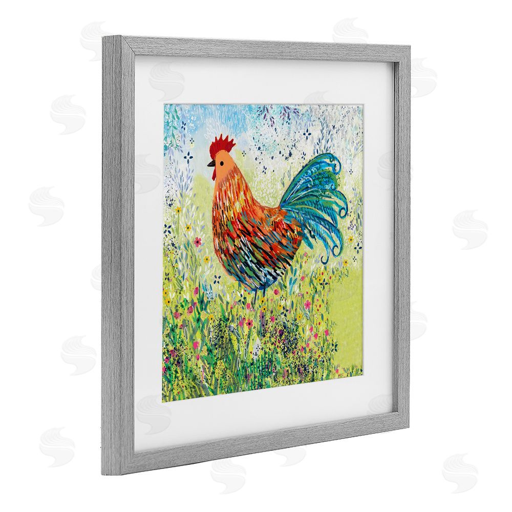 Clare Tupper Cockerel Rooster in Colorful Garden Gray Framed Print Under Glass with White Mat Wall Art
