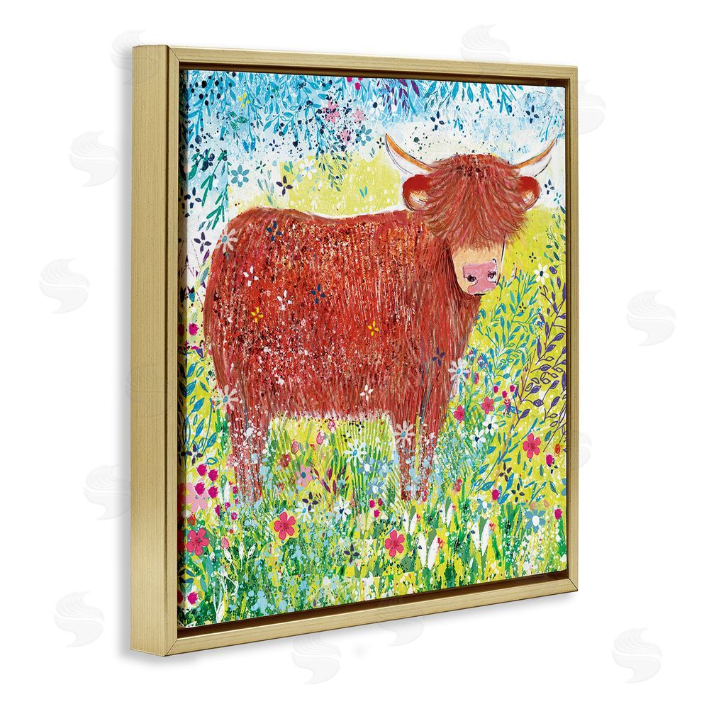 Clare Tupper Highland Cow Whimsical Dapples Gold Floating Frame Canvas Wall Art Print