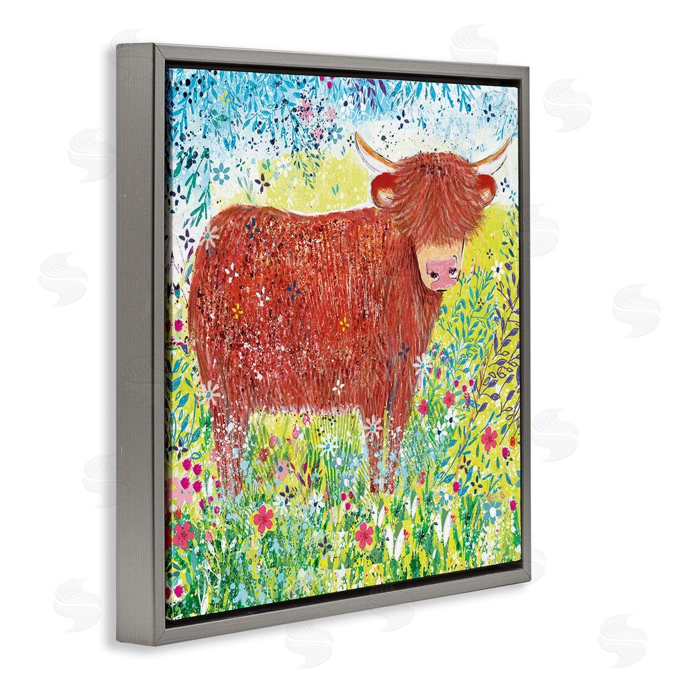 Clare Tupper Highland Cow Whimsical Dapples Gray Floating Frame Canvas Wall Art Print