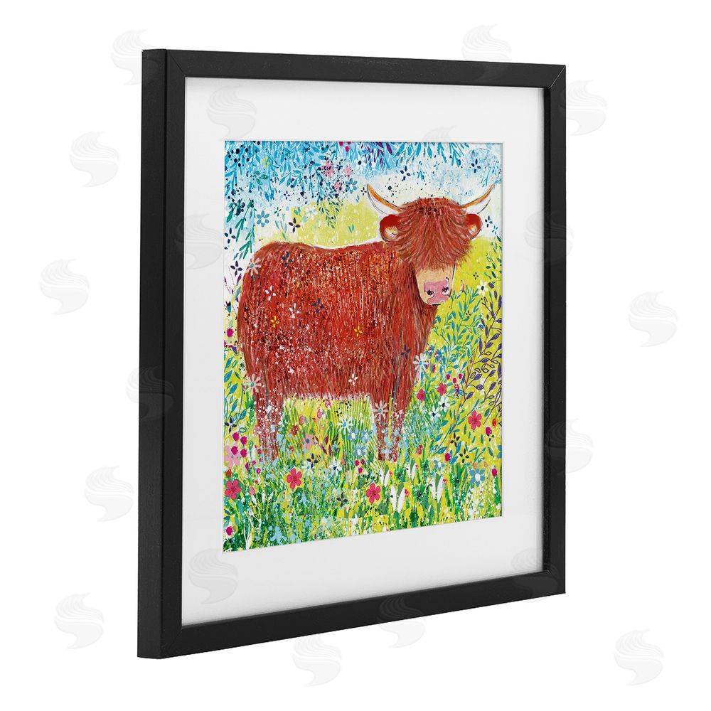 Clare Tupper Highland Cow Whimsical Dapples Black Framed Print Under Glass with White Mat Wall Art
