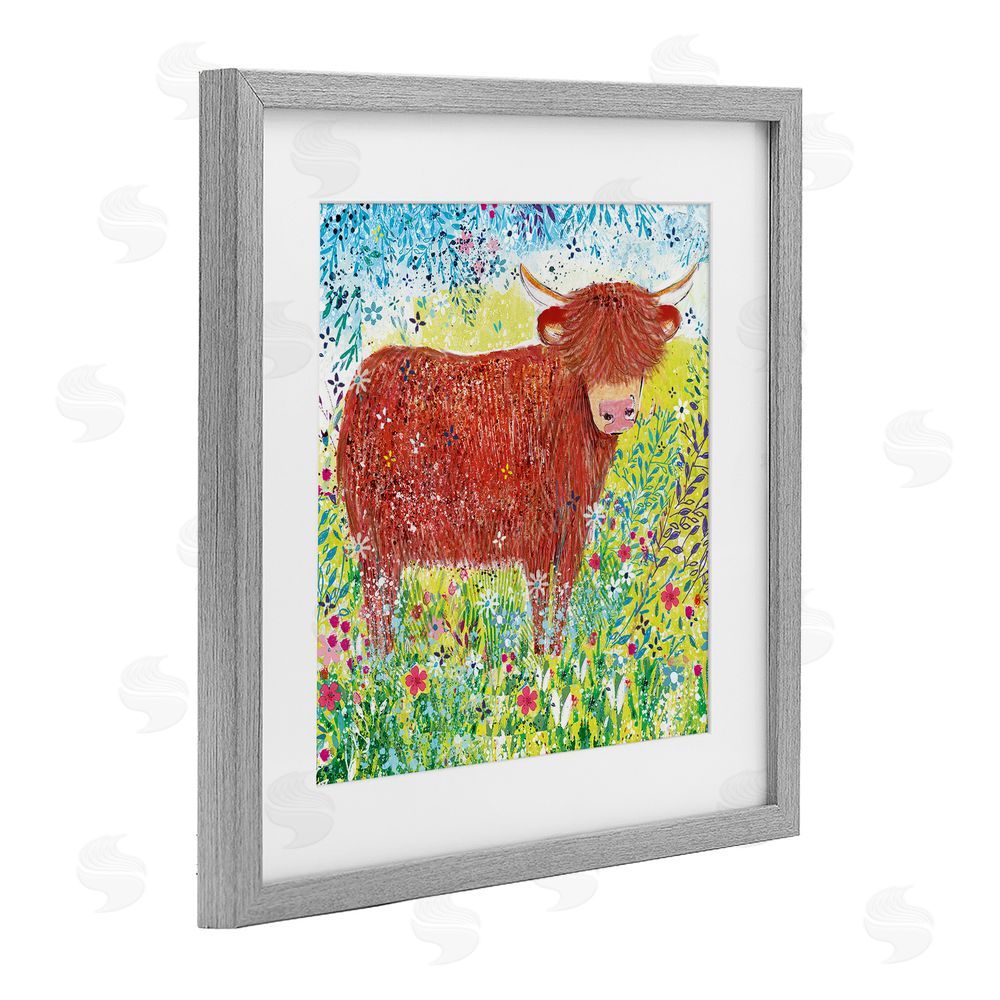 Clare Tupper Highland Cow Whimsical Dapples Gray Framed Print Under Glass with White Mat Wall Art