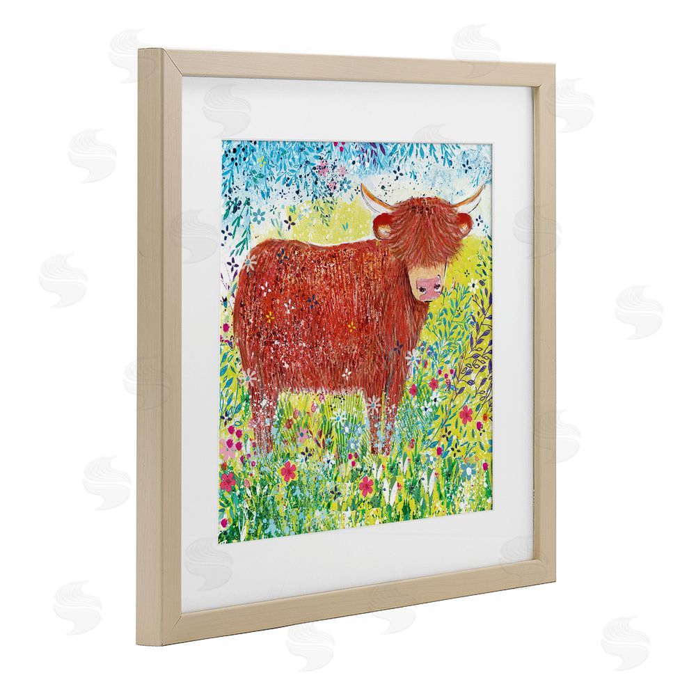 Clare Tupper Highland Cow Whimsical Dapples Birch Framed Print Under Glass with White Mat Wall Art