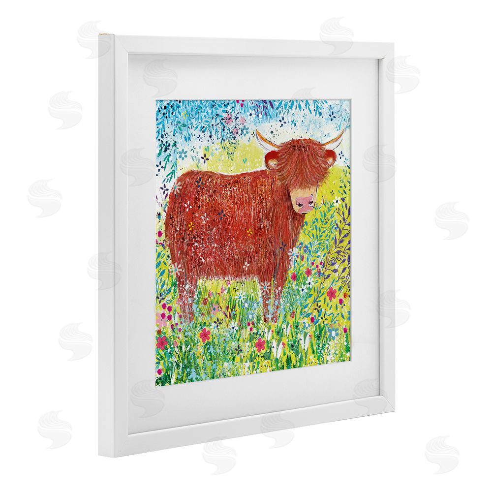 Clare Tupper Highland Cow Whimsical Dapples White Framed Print Under Glass with Mat Wall Art