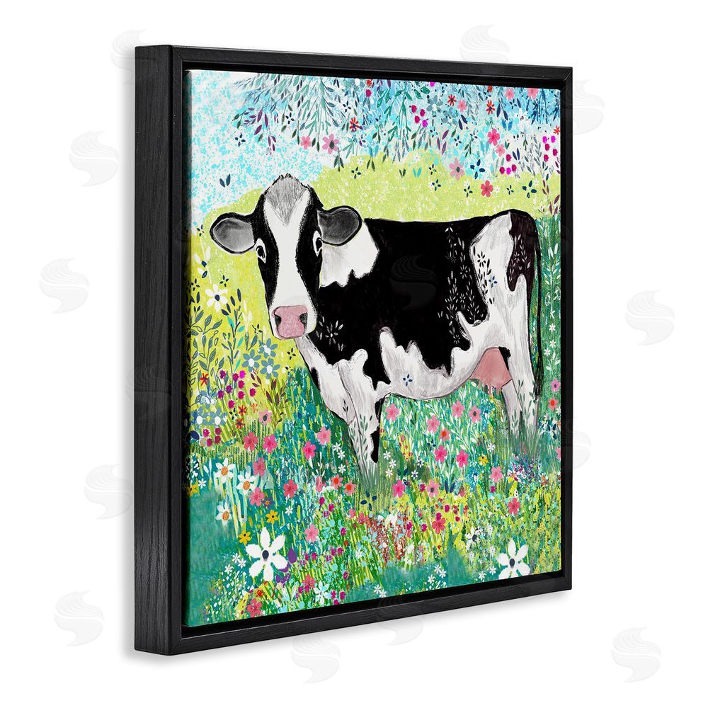 Clare Tupper Impressionist Cow & Meadow Flowers Black Floating Frame Canvas Wall Art Print