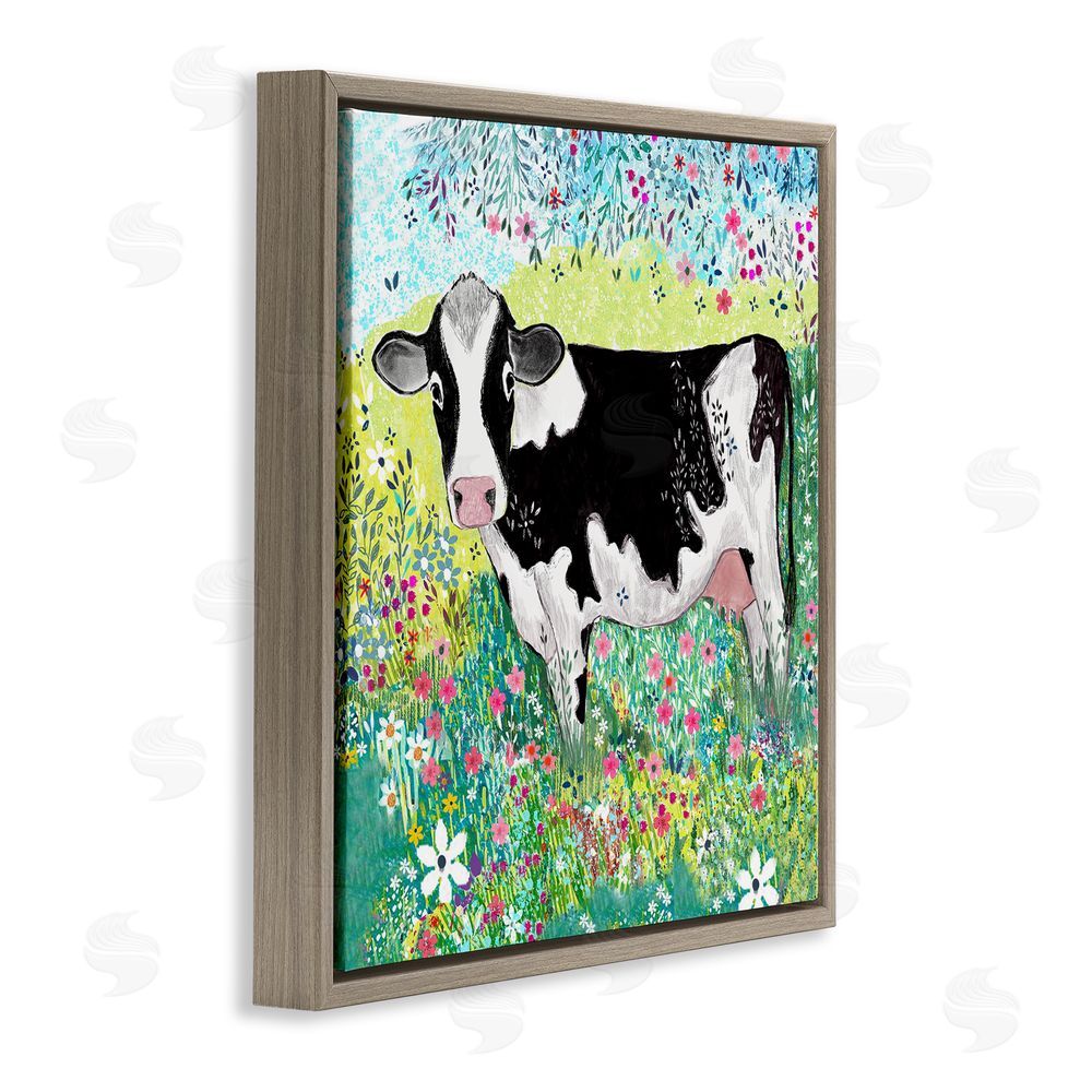 Clare Tupper Impressionist Cow & Meadow Flowers Brown Floating Frame Canvas Wall Art Print