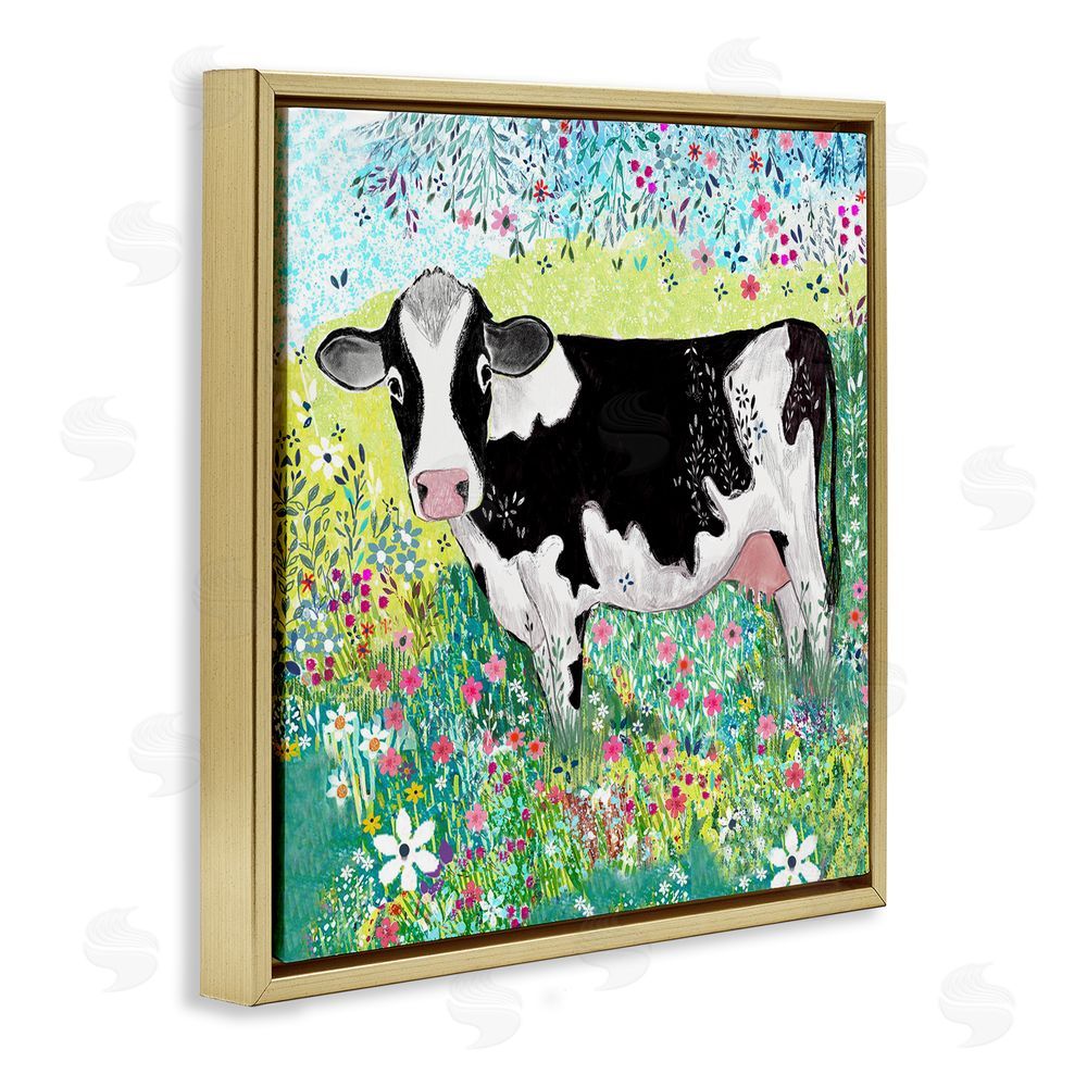 Clare Tupper Impressionist Cow & Meadow Flowers Gold Floating Frame Canvas Wall Art Print