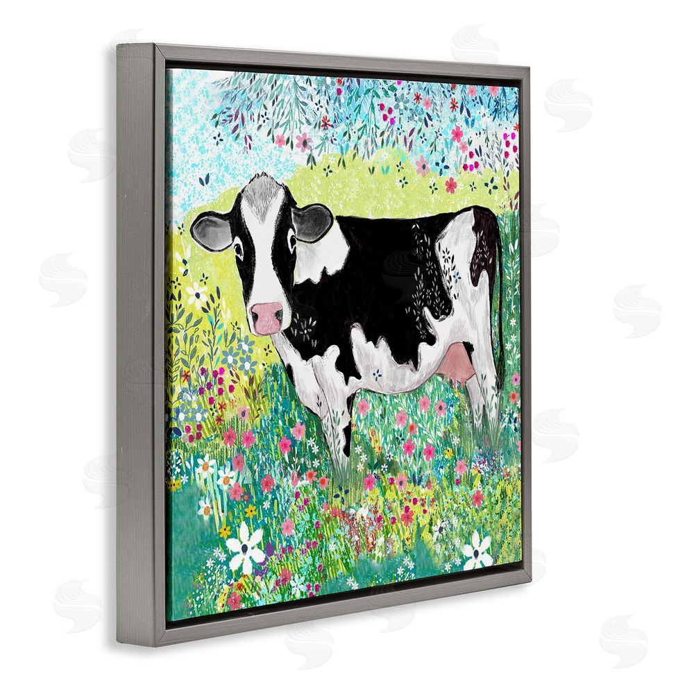 Clare Tupper Impressionist Cow & Meadow Flowers Gray Floating Frame Canvas Wall Art Print