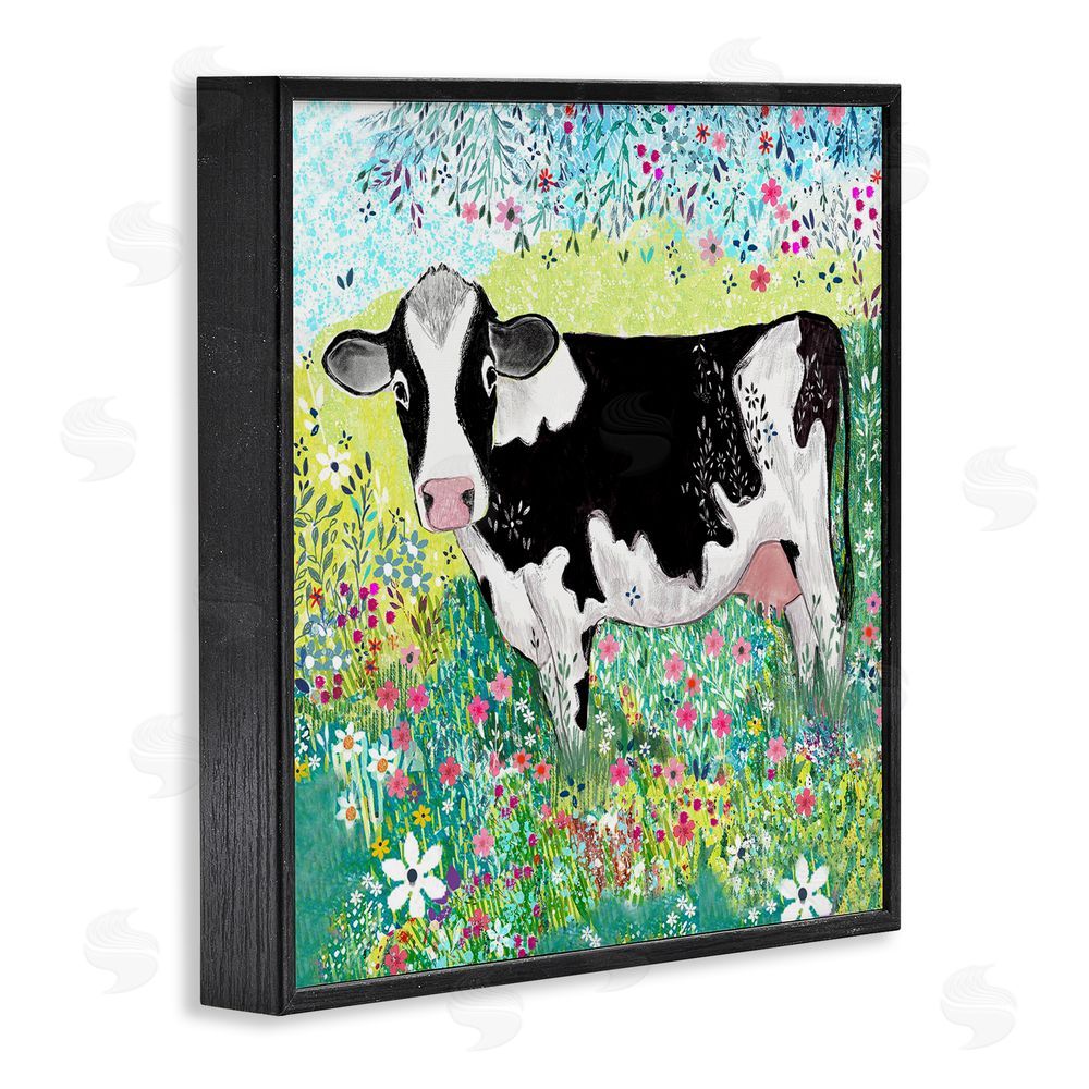 Clare Tupper Impressionist Cow & Meadow Flowers Black Framed Giclee Wall Art Print