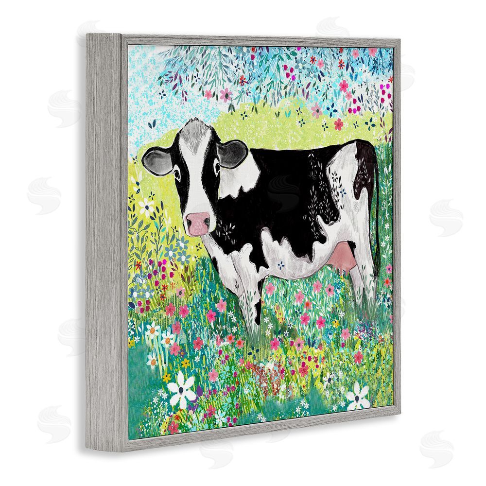 Clare Tupper Impressionist Cow & Meadow Flowers Gray Framed Giclee Wall Art Print