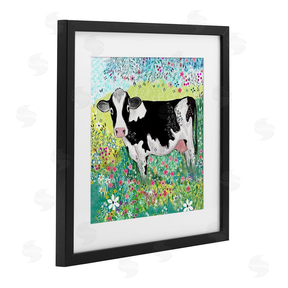 Clare Tupper Impressionist Cow & Meadow Flowers Black Framed Print Under Glass with White Mat Wall Art