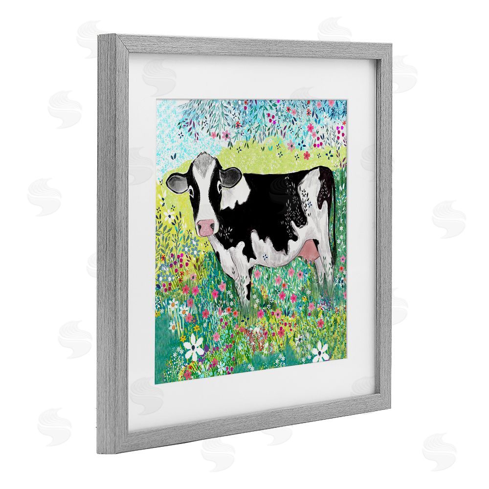 Clare Tupper Impressionist Cow & Meadow Flowers Gray Framed Print Under Glass with White Mat Wall Art