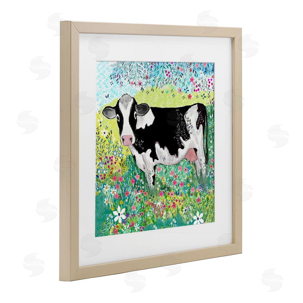 Clare Tupper Impressionist Cow & Meadow Flowers Birch Framed Print Under Glass with White Mat Wall Art