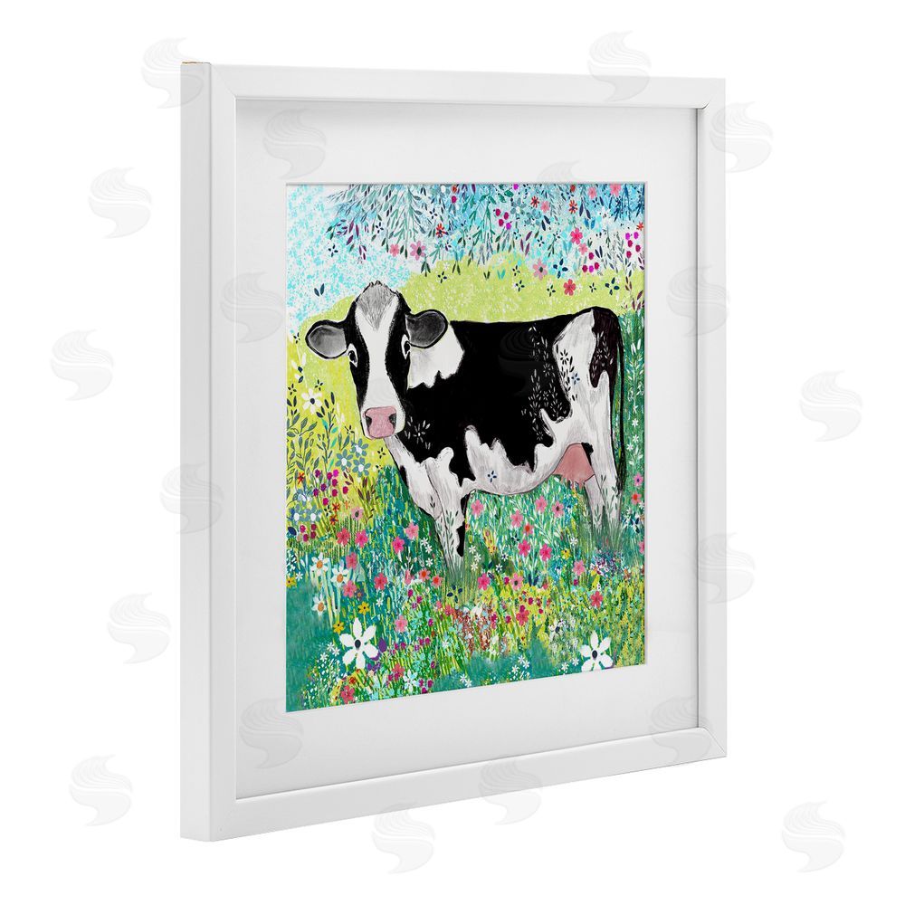 Clare Tupper Impressionist Cow & Meadow Flowers White Framed Print Under Glass with Mat Wall Art