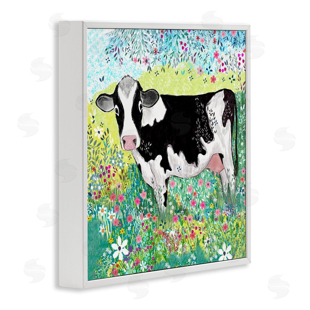 Clare Tupper Impressionist Cow & Meadow Flowers White Framed Giclee Wall Art Print