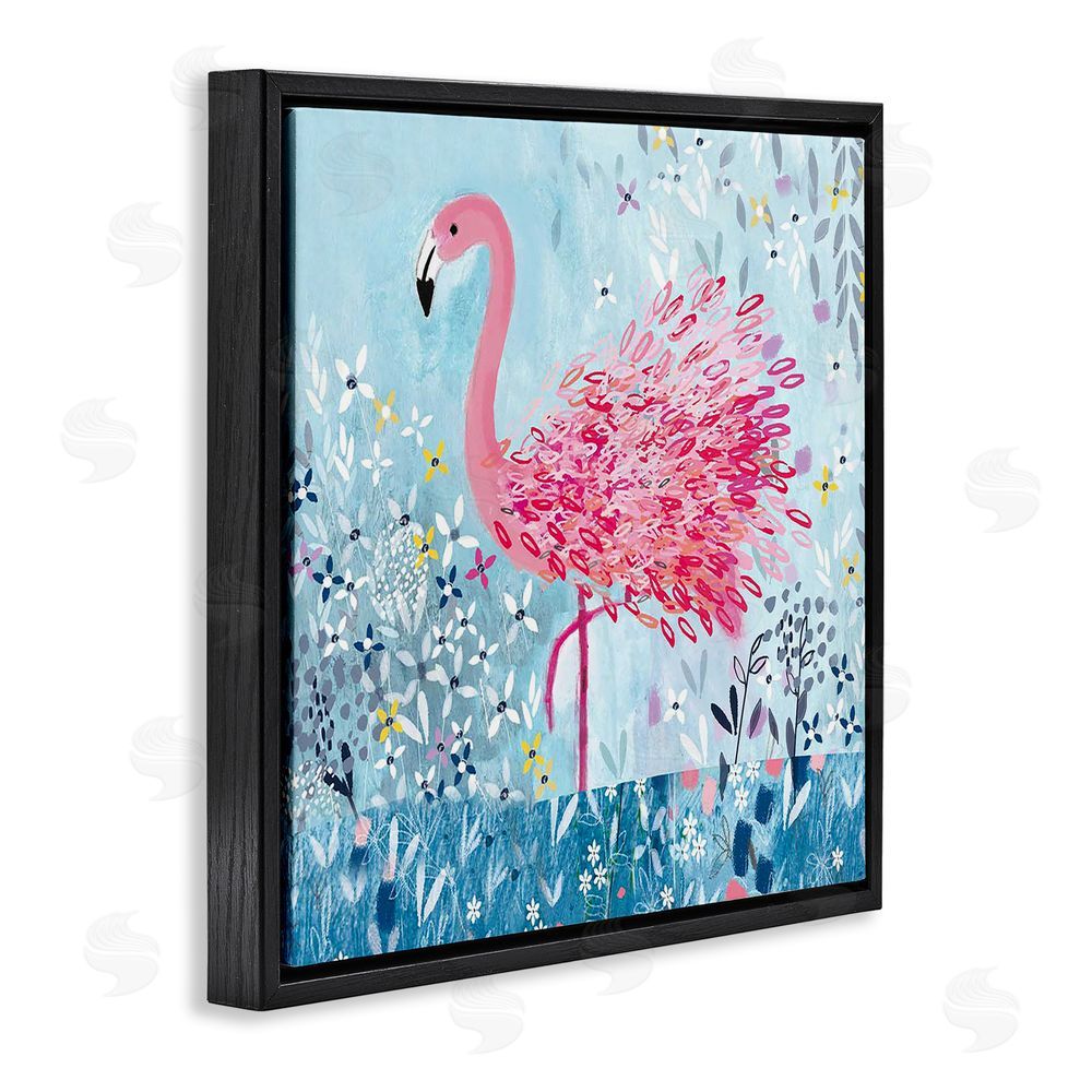 Clare Tupper Whimsical Flower Flamingo Black Floating Frame Canvas Wall Art Print