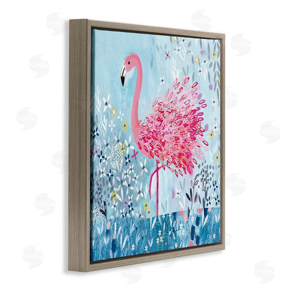 Clare Tupper Whimsical Flower Flamingo Brown Floating Frame Canvas Wall Art Print