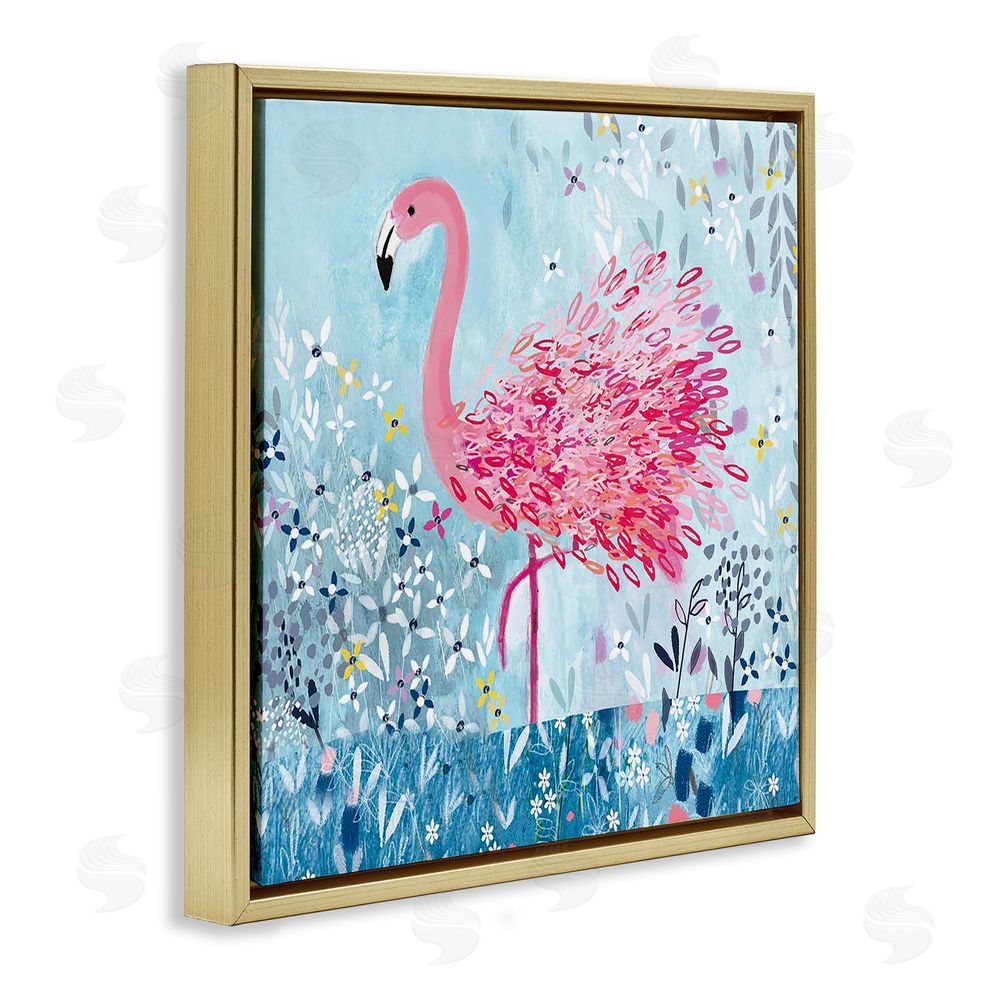 Clare Tupper Whimsical Flower Flamingo Gold Floating Frame Canvas Wall Art Print