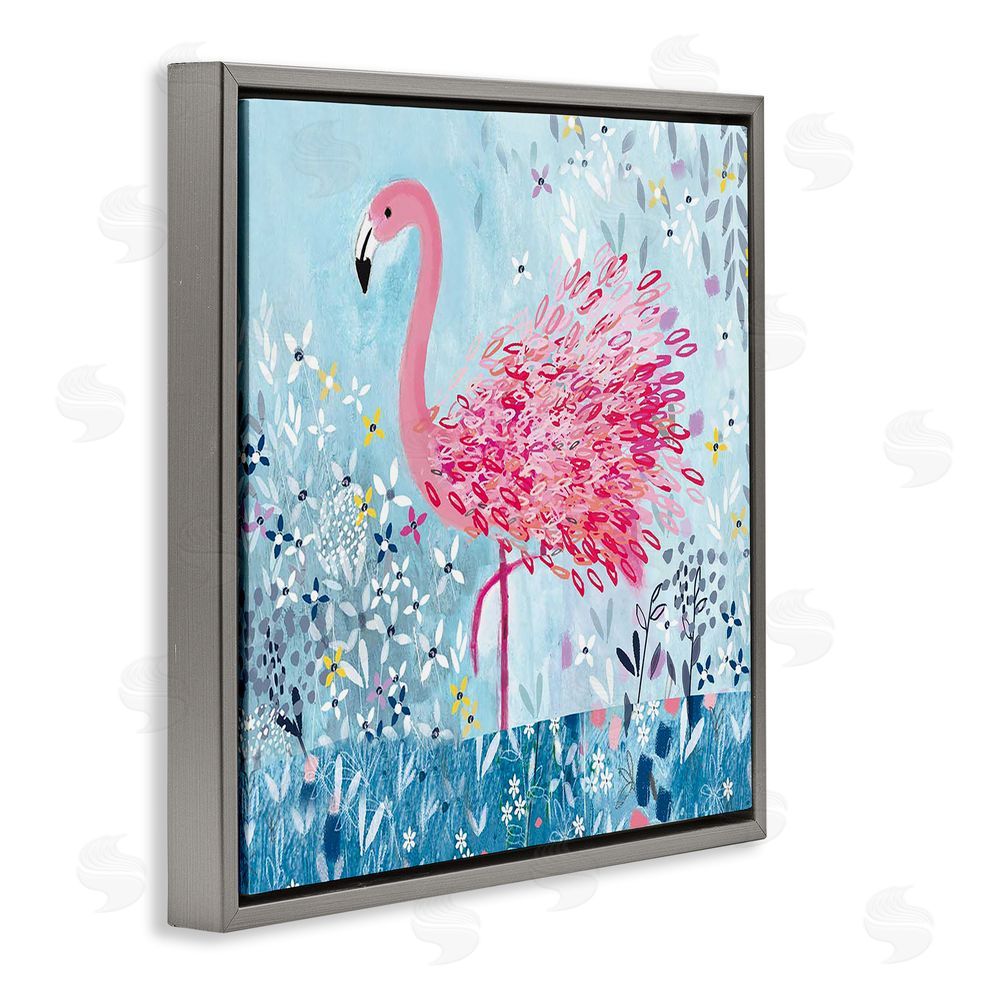 Clare Tupper Whimsical Flower Flamingo Gray Floating Frame Canvas Wall Art Print
