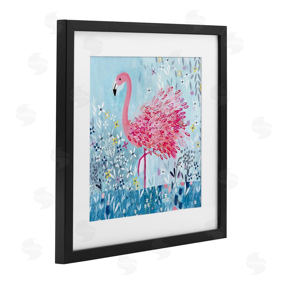 Clare Tupper Whimsical Flower Flamingo Black Framed Print Under Glass with White Mat Wall Art