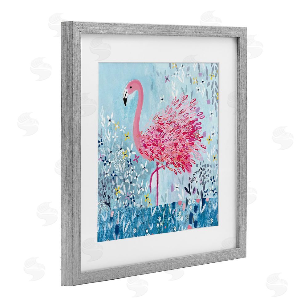 Clare Tupper Whimsical Flower Flamingo Gray Framed Print Under Glass with White Mat Wall Art