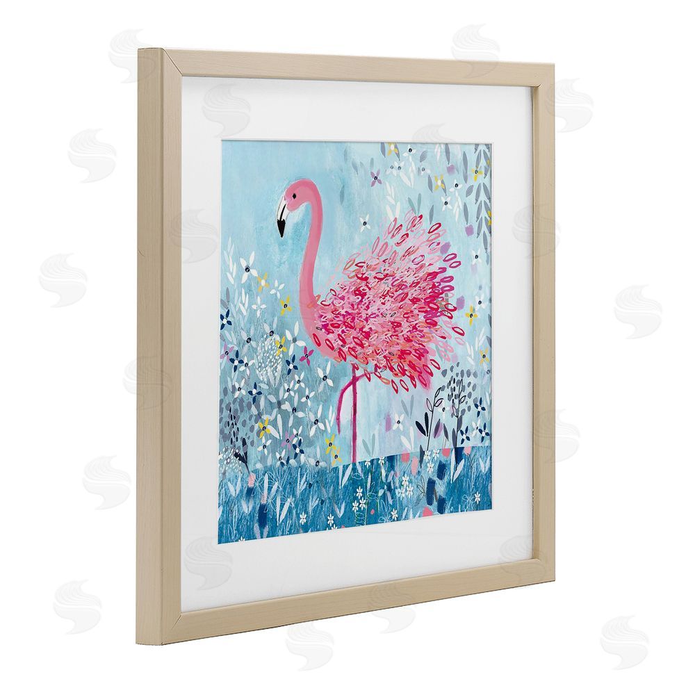 Clare Tupper Whimsical Flower Flamingo Birch Framed Print Under Glass with White Mat Wall Art