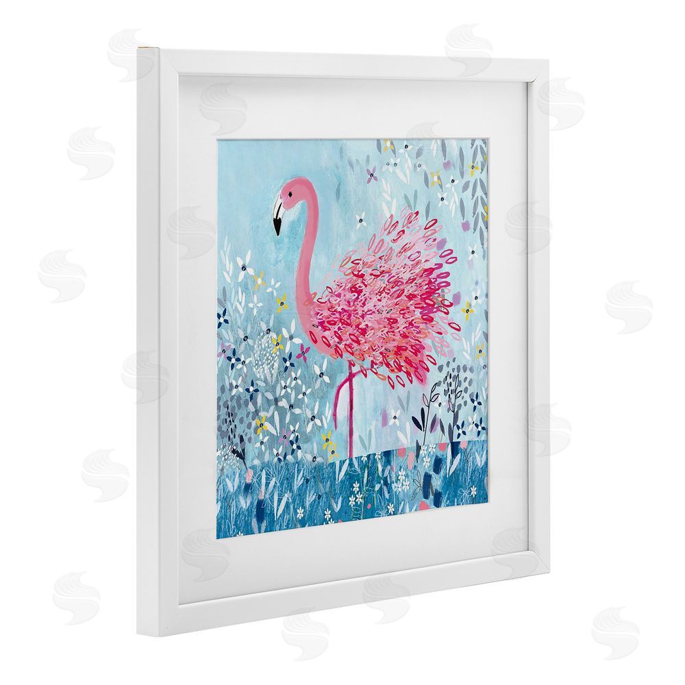 Clare Tupper Whimsical Flower Flamingo White Framed Print Under Glass with Mat Wall Art